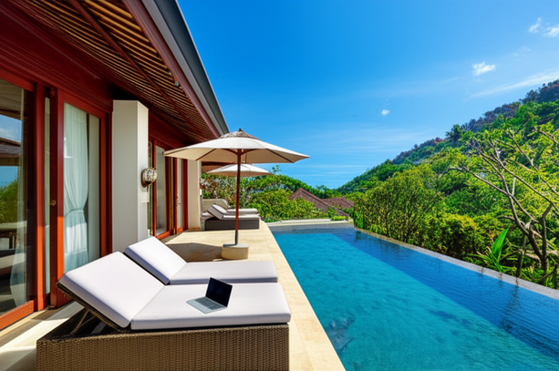 Luxury Balinese villa with an infinity pool overlooking lush tropical greenery, representing a lucrative investment opportunity in Bali.
