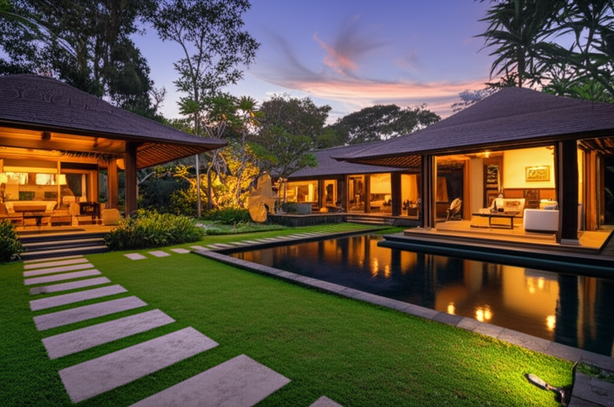 Luxury Balinese villa with open-plan design and tropical landscaping