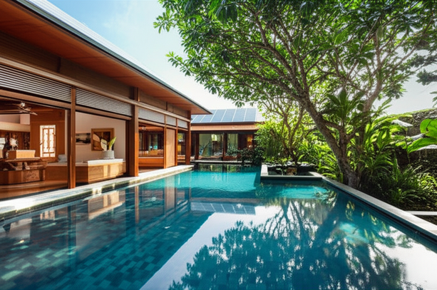 Architectural rendering of a luxury resort in Bali, showcasing interior design, landscaping, and sustainable features.