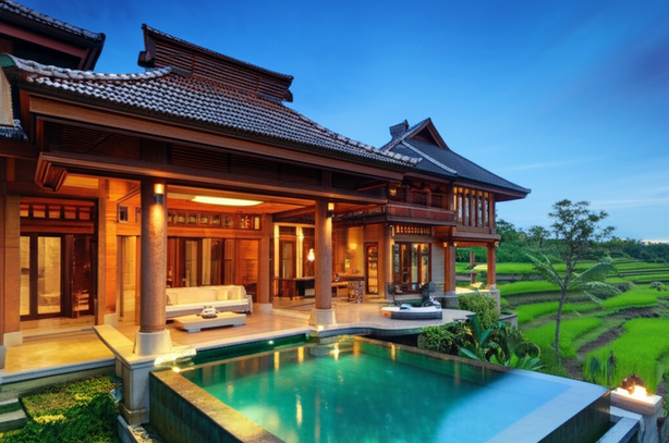 Architectural rendering of a luxury villa in Bali with an infinity pool and open-plan living spaces, showcasing the integration of modern design with Balinese culture and natural materials.