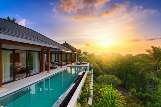 Luxury villa in Bali with an infinity pool and tropical landscaping, showcasing high-end residential construction.