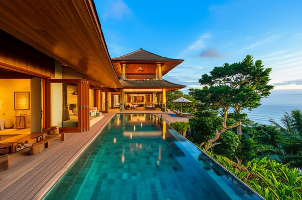 Luxury villa in Bali with an infinity pool overlooking the ocean and integrated seamlessly with the surrounding tropical environment.