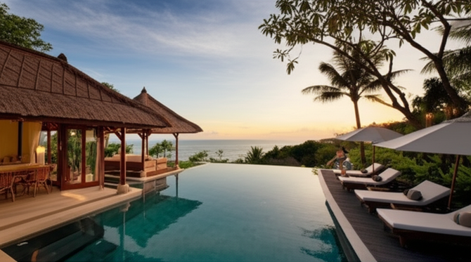 Luxury Balinese villa with infinity pool overlooking the ocean at sunset.