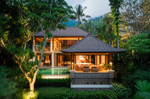 Luxury villa in Bali showcasing sustainable design and integration with the natural environment.