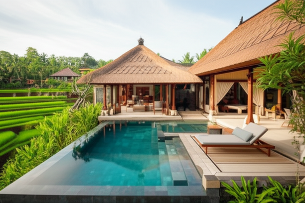 Architectural rendering of a luxury villa in Bali, showcasing traditional Balinese design and open-plan living.