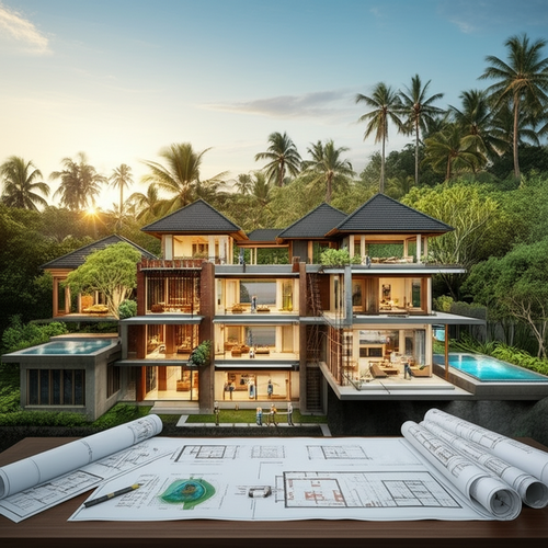 Illustration of the stages of luxury villa construction in Bali, from site assessment to completion.