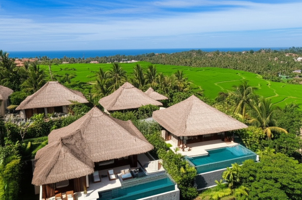 Aerial view of a luxury villa in Bali, showcasing the blend of traditional Balinese architecture with modern amenities, an infinity pool, and lush tropical surroundings.