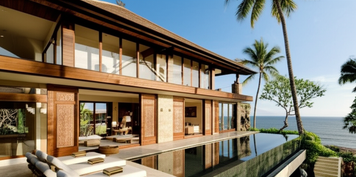 Architectural rendering of a luxury villa in Bali, showcasing modern design and traditional Balinese elements.