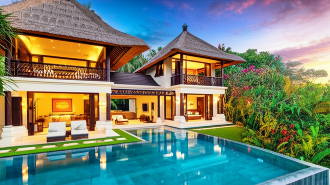 Architectural rendering of a luxurious villa in Bali showcasing Balinese design with a modern touch.
