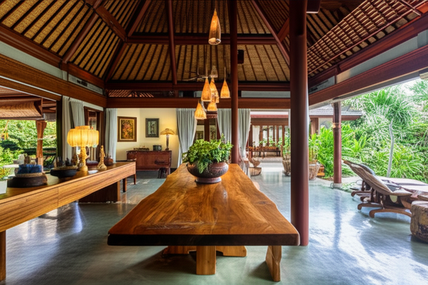 Luxurious interior of a Balinese villa featuring high-end finishes and local craftsmanship.