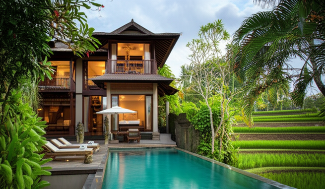 Luxury private villa in Ubud, Bali, showcasing Balinese architecture and a private pool.