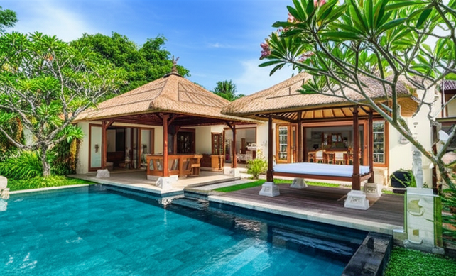 A luxurious Balinese villa with a thatched roof, swimming pool, and tropical landscaping, illustrating ongoing property maintenance.
