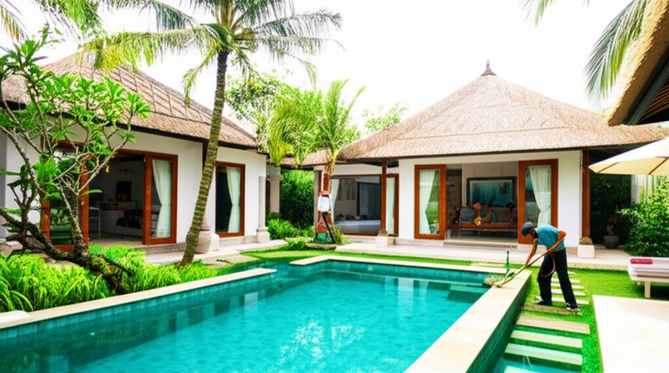 A beautiful Balinese villa surrounded by lush gardens, highlighting the importance of maintenance.