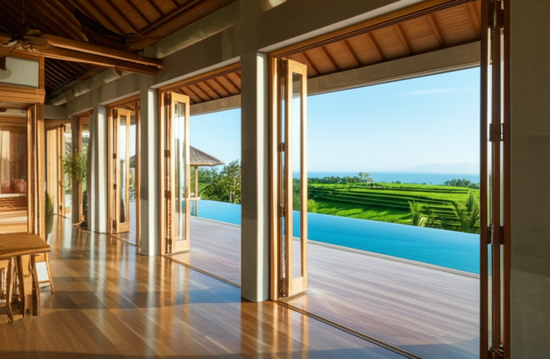 Modern luxury villa in Bali with an infinity pool overlooking rice paddies and the ocean, showcasing minimalist design.