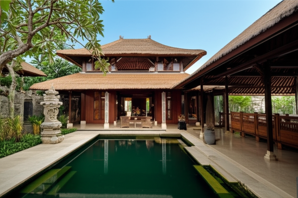 A modern Balinese villa with traditional architectural elements, showcasing the integration of indoor and outdoor spaces and harmonious design.