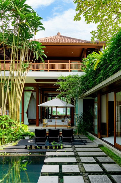 A modern Balinese villa showcasing biophilic design with lush greenery, integrated indoor-outdoor living, and sustainable materials.