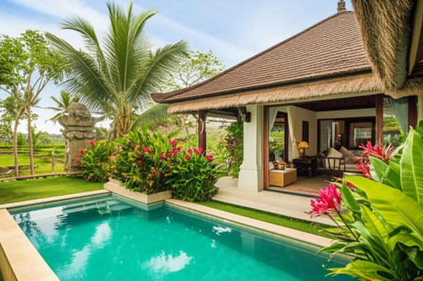 Architectural rendering of a modern Balinese villa with a pool and lush tropical gardens