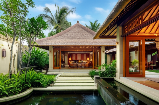 A modern Balinese villa showcasing sustainable design and cultural integration with natural materials and open-air living.