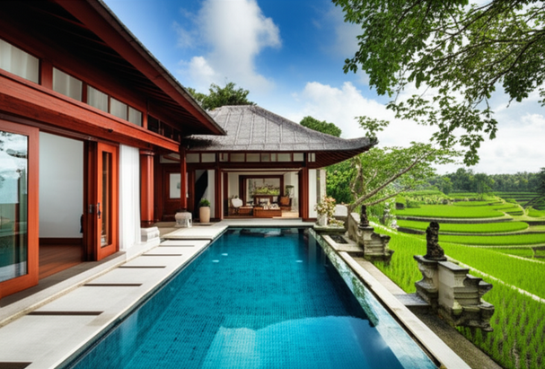 Modern Balinese villa with an infinity pool overlooking rice paddies, showcasing a blend of traditional and contemporary architecture.