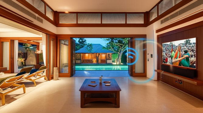 Luxurious Balinese villa interior with smart home technology, featuring automated lighting, climate control, and entertainment hub.
