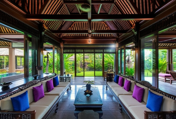 Interior of a modern Balinese villa blending traditional Joglo architecture with contemporary design, showcasing glass panels, natural light, and modern amenities.