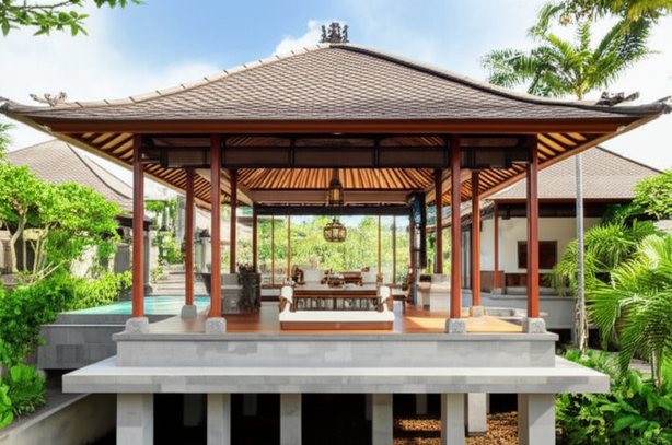 Architectural rendering of a modern Balinese villa showcasing structural integrity, seismic resistance, and tropical climate resilience, with traditional Balinese design elements.