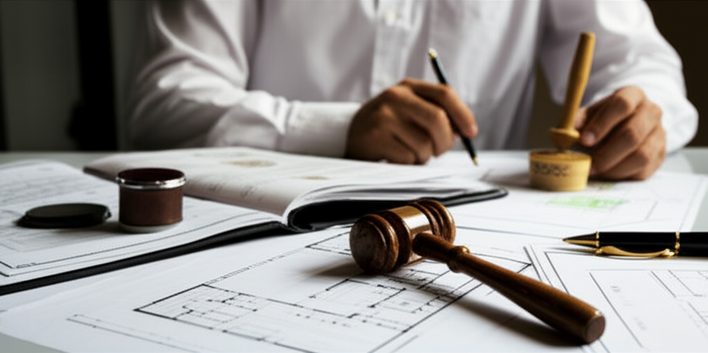 Image representing the complexities of obtaining building permits in Bali with the help of a local contractor, showing blueprints, official documents, and local officials.