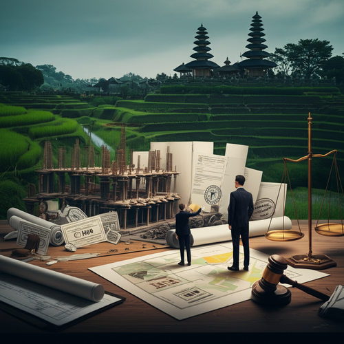 Illustration of navigating Bali construction regulations, depicting permits, land titles, and a construction professional guiding a project through legal complexities.