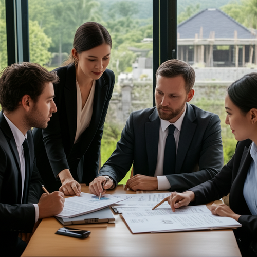 Foreign investor consulting with Indonesian lawyers reviewing land documents and building permits in Bali.