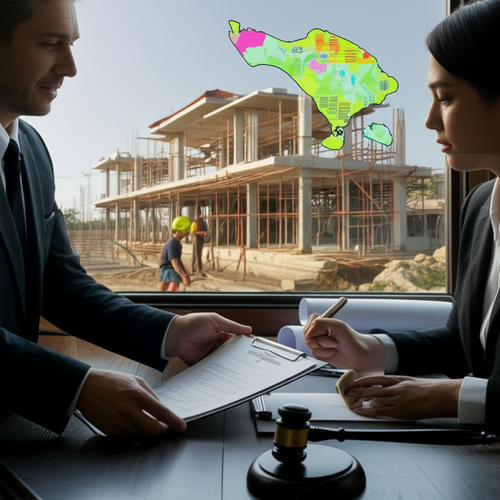 Illustration showing legal professionals reviewing a building permit for a Bali villa, emphasizing the importance of legal counsel and compliance with building regulations.