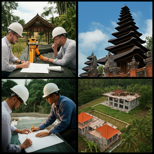 Illustration of the construction process in Bali, highlighting environmental assessments, permits, local architectural guidelines, and construction in a beautiful landscape.