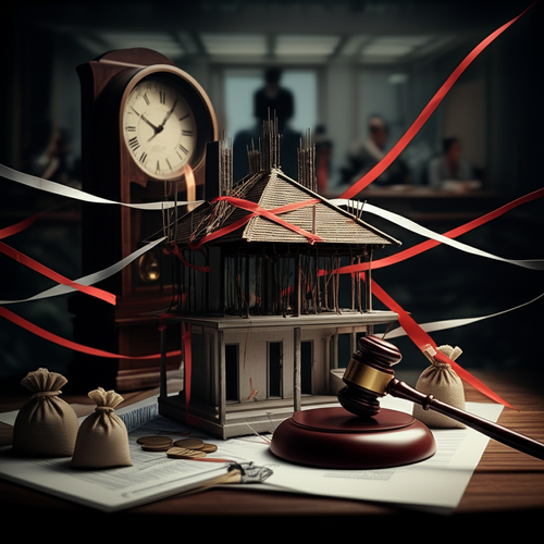 Illustration of a villa construction project entangled in red tape, representing the complexities of Bali's building regulations.