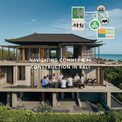 Illustration depicting the complex process of commercial construction in Bali, including permits, zoning, environmental considerations, and community engagement.