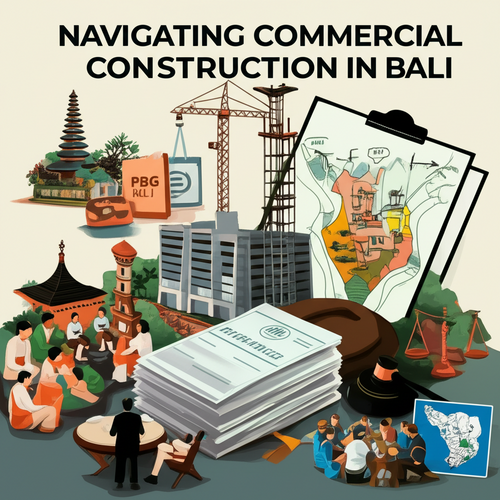 Illustration of the legal and regulatory process for commercial construction in Bali, featuring permits, architecture, legal professionals, and community engagement.