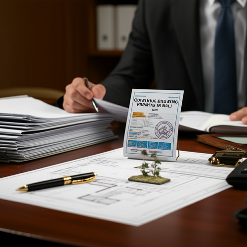 Illustration showing the process of obtaining a building permit (PBG) for a villa construction project in Bali, with government officials, architectural drawings, and legal advisors.