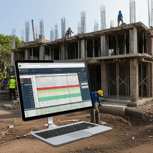 Construction site in Bali with a digital display showing a detailed construction schedule and budget tracker, emphasizing organized planning and financial control.