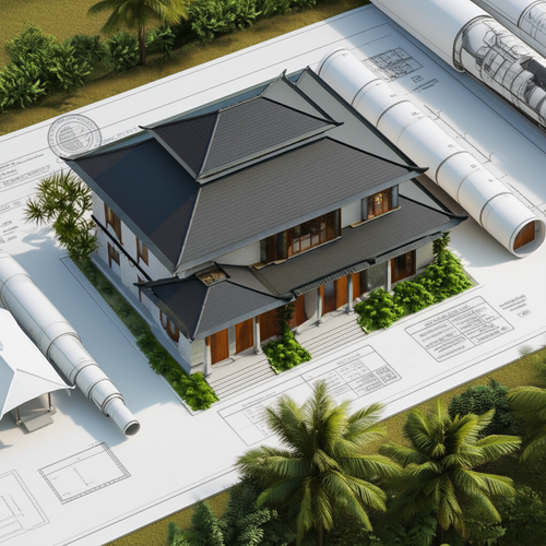Architectural drawing of a modern building in Bali approved by the PBG, showcasing Balinese design elements and surrounding tropical landscape.