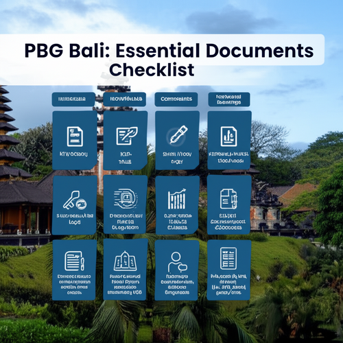 Infographic checklist of essential documents required for obtaining a Persetujuan Bangunan Gedung (PBG) in Bali, Indonesia, including KTP, KITAS, SHM, architectural plans, and environmental permits.