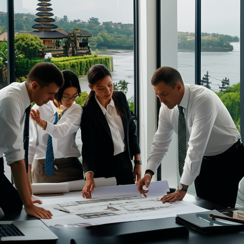 Architects and consultants reviewing architectural blueprints in Bali, illustrating the PBG process.