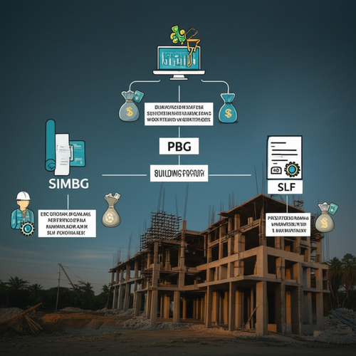 Illustration showing the steps to get a Building Permit (PBG) and Certificate of Building Worthiness (SLF) in Bali.