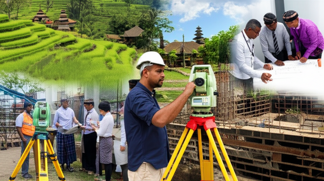 Illustration of the pre-construction phase in Bali, showing site analysis, environmental assessments, and meetings with local authorities.