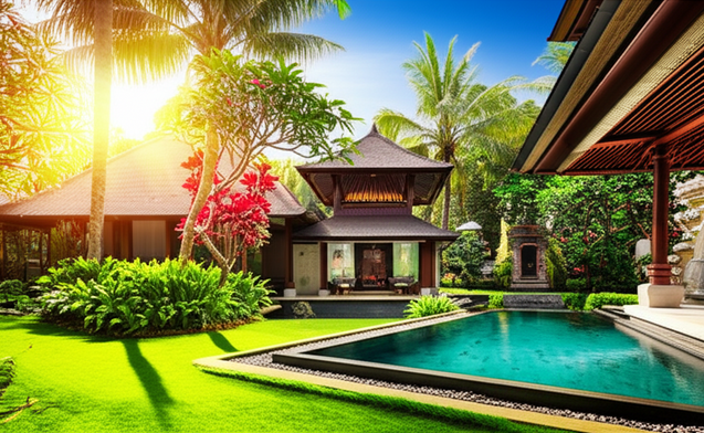 Exterior view of a stunning Bali villa, surrounded by lush tropical vegetation, highlighting its well-maintained condition and demonstrating the successful preservation of a villa in Bali's tropical climate.
