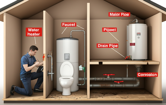 Illustration of a house's plumbing system, highlighting the importance of preventative maintenance to avoid leaks and damage.