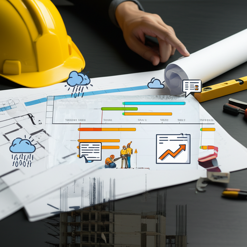 Illustration of a construction project timeline, budget, and communication plan, with elements relevant to Bali villa construction, including weather considerations.