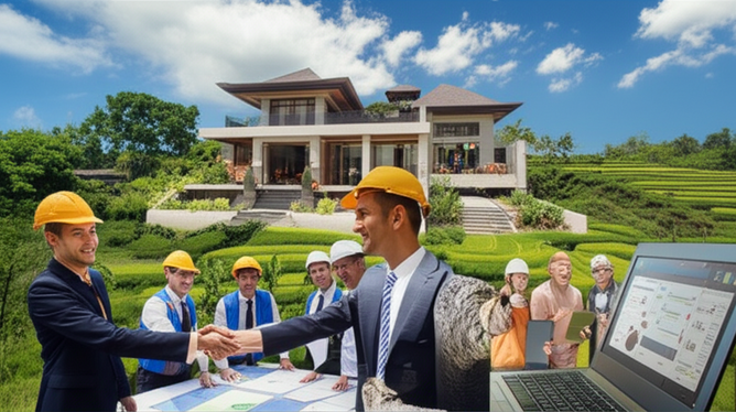 Illustration of the five phases of project management in Bali construction, including initiation, planning, execution, monitoring and controlling, and project closure, set against a backdrop of Balinese landscape and modern architecture.