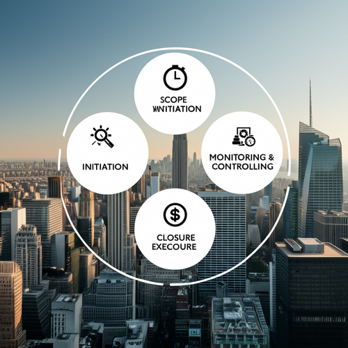 Infographic illustrating the five phases of project management: Initiation, Planning, Execution, Monitoring & Controlling, and Closure.