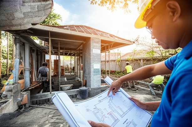 Project manager and Balinese foreman reviewing construction progress on-site in Bali, highlighting the importance of clear communication and diligent monitoring.