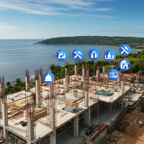 Gantt chart visualizing commercial construction project phases, timelines, dependencies, and resource allocation in Bali