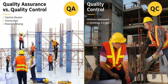 Illustration comparing Quality Assurance (QA) and Quality Control (QC) processes in construction.
