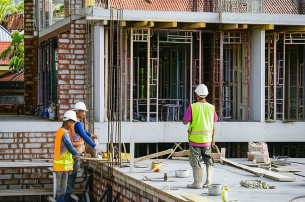 Construction site in Bali with workers, highlighting quality and safety.